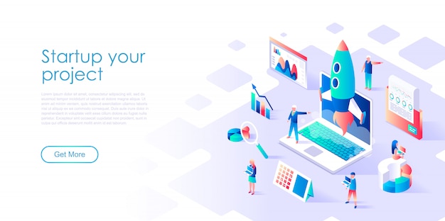 Isometric landing page template startup your project Premium Vector