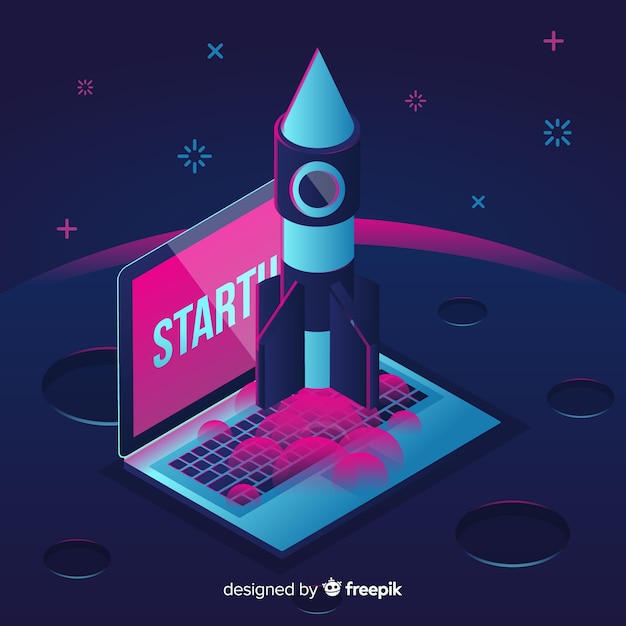 Isometric landing page with a rocket Free Vector