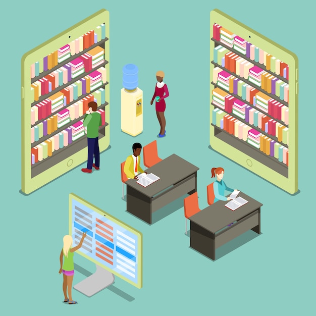 Download Isometric library with bookshelves and reading people | Premium Vector