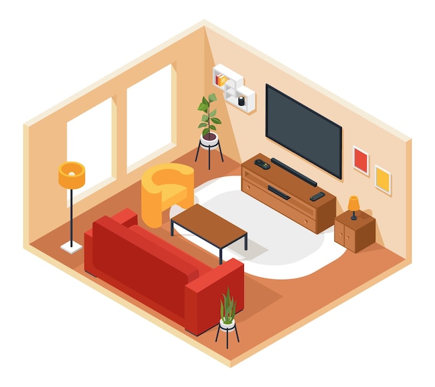 Premium Vector | Isometric living room lounge interior with furniture ...