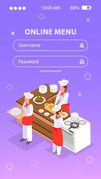 Download Isometric login form with people cooking in restaurant kitchen 3d vector illustration | Free Vector