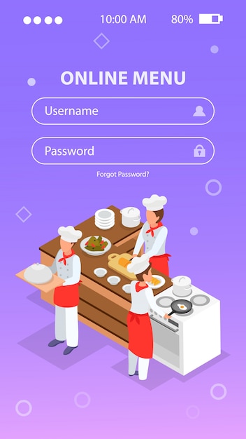 Isometric login form with people cooking in restaurant ...