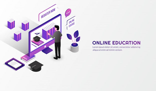 Isometric modern online education concept, learn form home by e-learning course Premium Vector