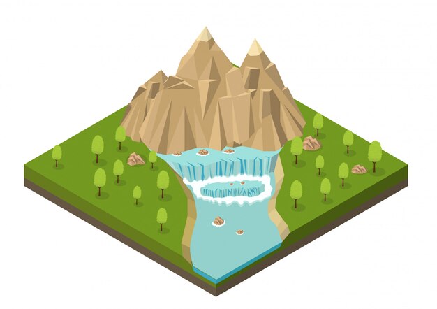 Premium Vector | Isometric mountains with waterfall, river, and trees