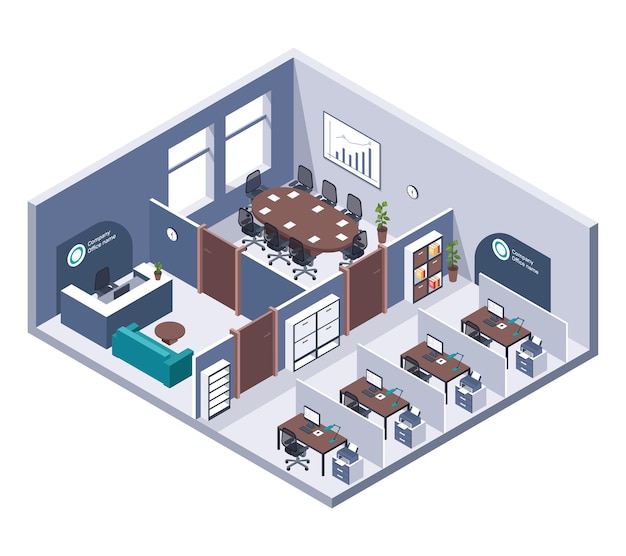 Premium Vector Isometric Office Room Interior With Furniture Desk