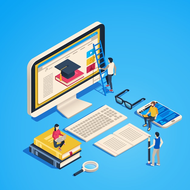 Download Premium Vector | Isometric online teaching. internet classroom, student learning at computer ...