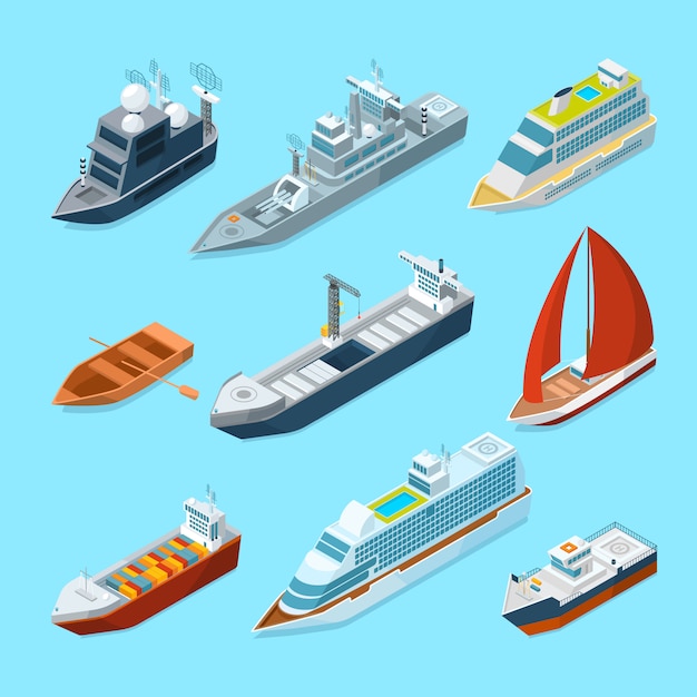 等尺性旅客船と港の異なるボート海洋イラスト プレミアムベクター