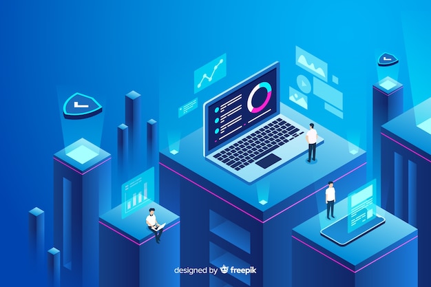 Isometric people working with technology Free Vector