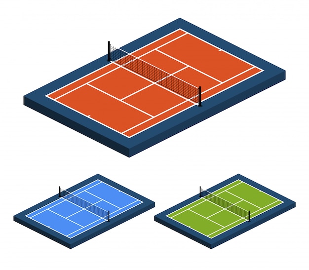 側面図からの別の表面を持つテニスコートの等尺性の視点イラストセット プレミアムベクター