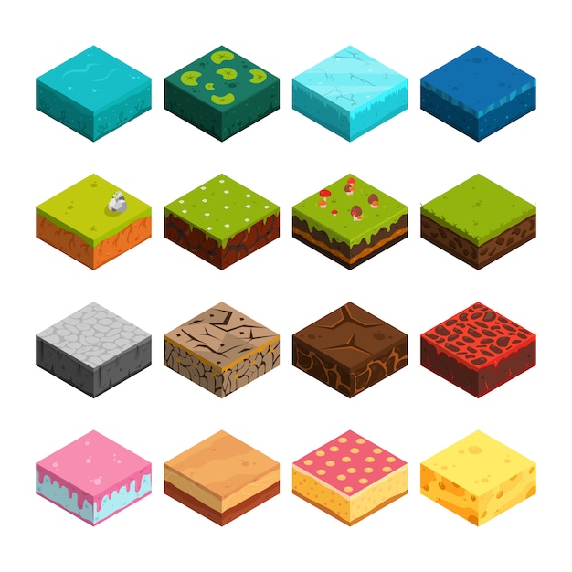 Isometric platforms set different soil textures. Premium Vector