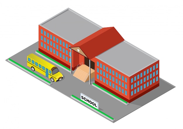 Isometric red school building with school bus Premium Vector