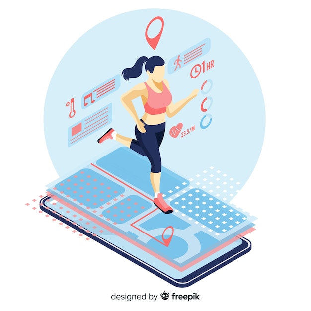 Isometric running mobile app infographic Free Vector