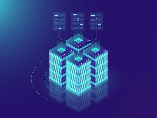 Isometric server room and big data processing concept, datacenter and ...