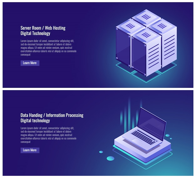 Isometric server room rack, web hosting, cloud data storage, data handing Free Vector