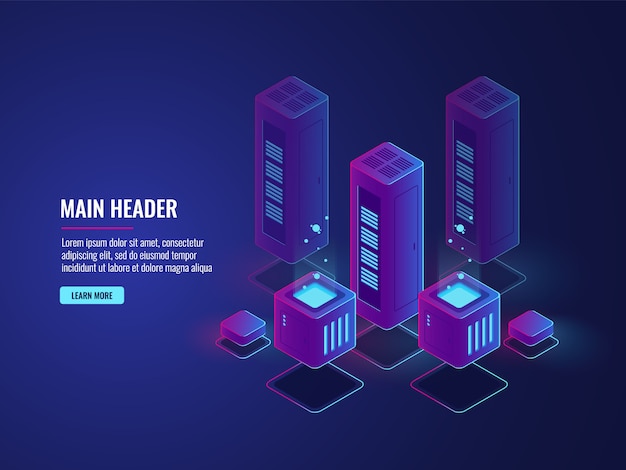 Isometric server room, web hosting services conceptual banner, data encryption and protection center Free Vector