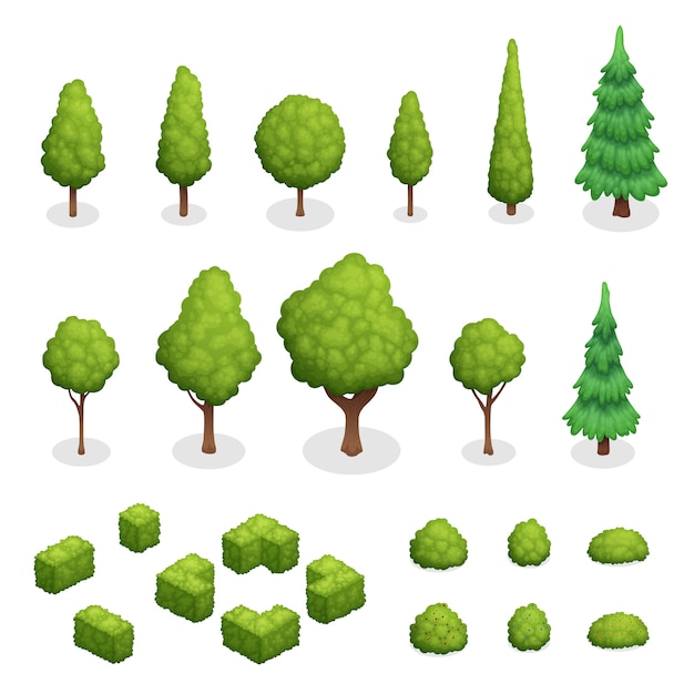 緑の木々やさまざまな形の茂みで公園の植物の等尺性セット分離ベクトルイラスト 無料のベクター