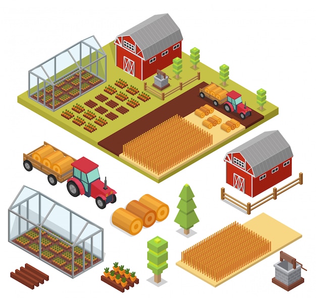 Premium Vector | Isometric set vector farm elements.