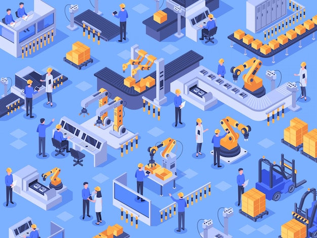 Premium Vector Isometric Smart Industrial Factory Automated Production Line Automation Industry And Factories Engineer Workers Vector Illustration