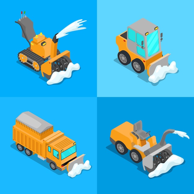 除雪車とトラクターの等尺性除雪輸送セット ベクトル3 Dフラットイラスト プレミアムベクター