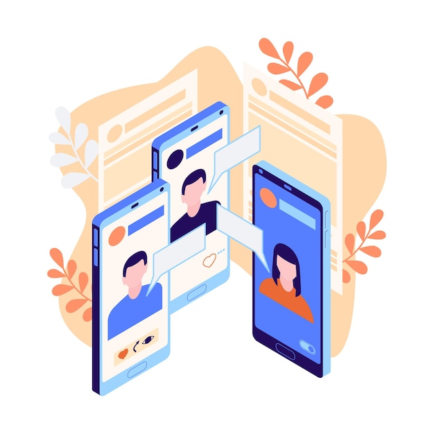 Download Free Vector | Isometric social media icon with people communicating via internet on smartphone 3d