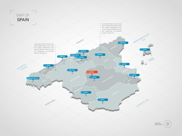 等尺性スペイン地図 都市 国境 首都 行政区画 ポインターマークのある定型化された地図のイラスト グリッドとグラデーションの背景 プレミアムベクター