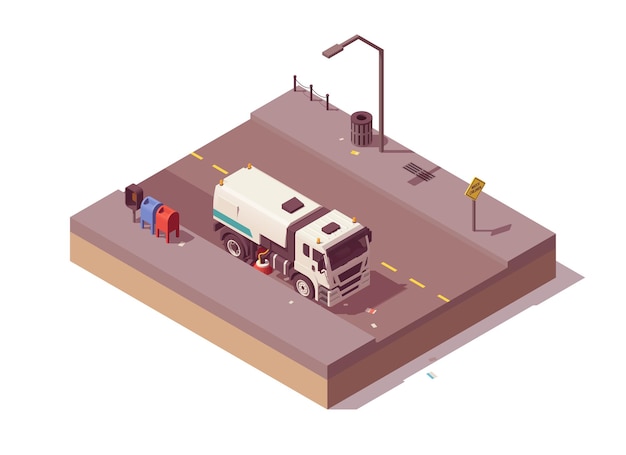 Premium Vector Isometric Street Sweeper Truck Cleaning The Road