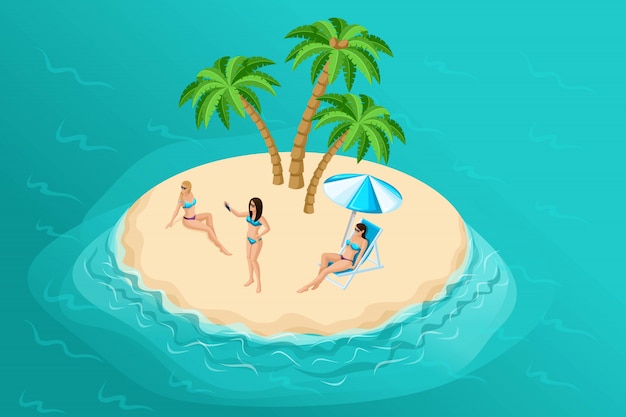旅行会社の楽園の島での等尺性の夏のイラスト 明るい水着で日焼けした女の子との休日の広告と自撮りを作る プレミアムベクター