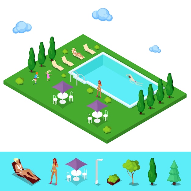 Premium Vector | Isometric swimming pool. summer people near the