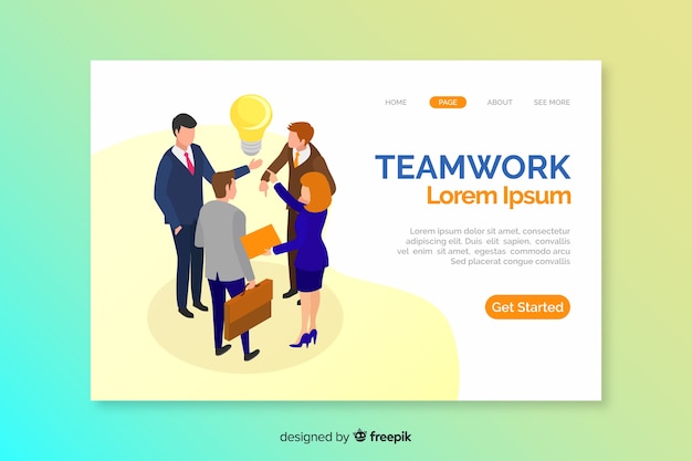 Isometric teamwork landing page template Free Vector