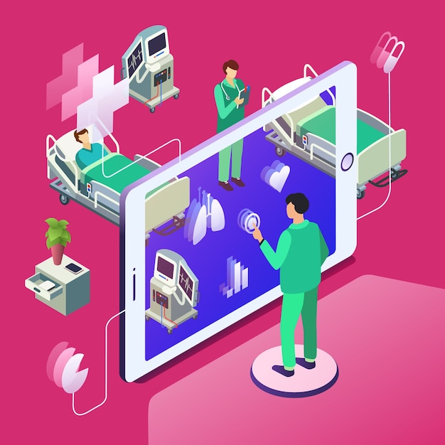 Isometric telemedicine, online medicine healthcare technology concept. Free Vector