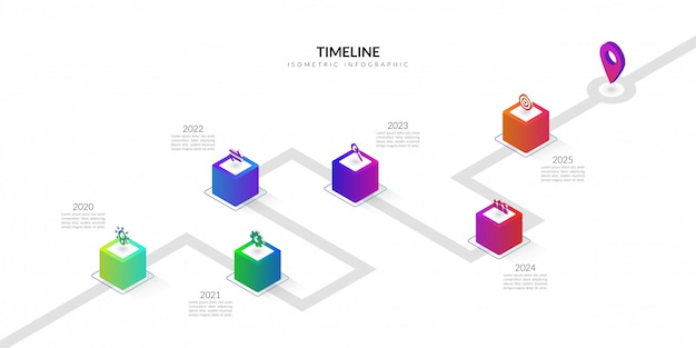 Isometric timeline business infographic, colorful workflow graphic elements Premium Vector
