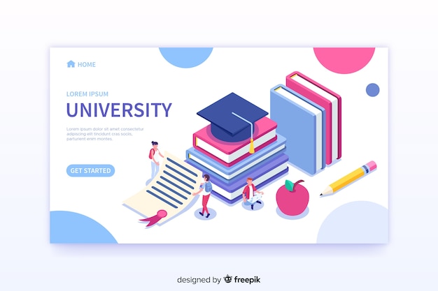 Isometric university landing page template Free Vector