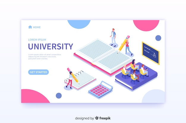 Isometric university landing page template Free Vector