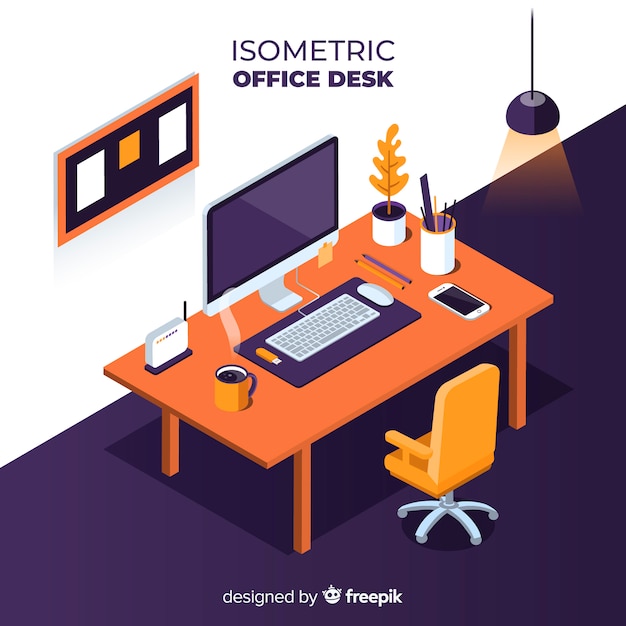 Isometric View Of Modern Office Desk Free Vector