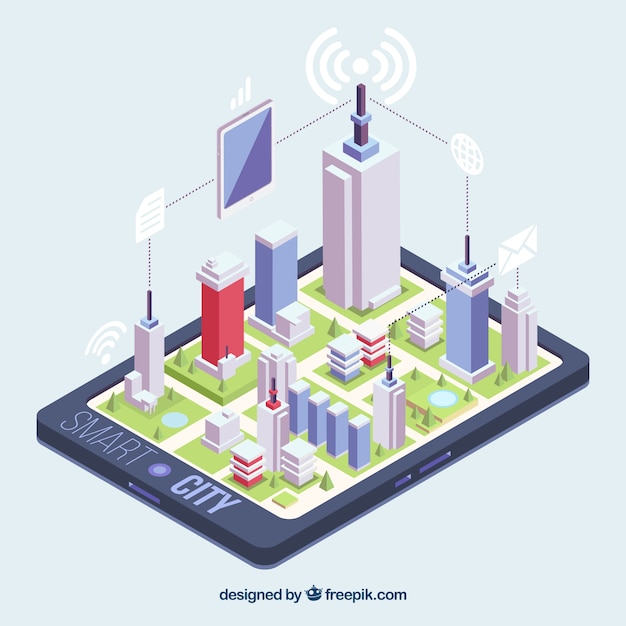 Isometric view of a city on a mobile phone Free Vector Isometric view of a city on a mobile phone Free Vector