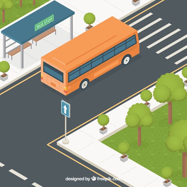 Isometric view of bus and bus stop with flat design - Stock Image ...