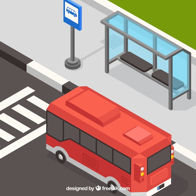 Isometric view of bus and bus stop with flat
design