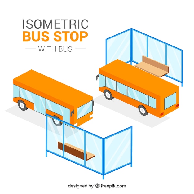 Isometric view of bus and bus stop with flat
design