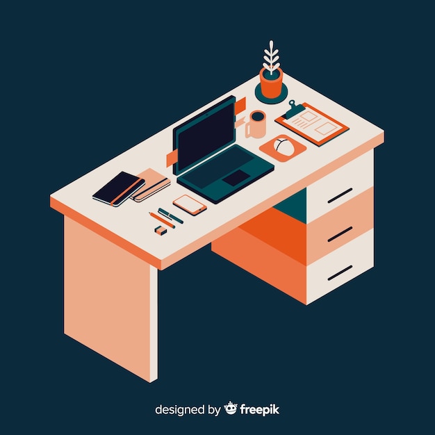 Isometric view of modern office desk with flat
design