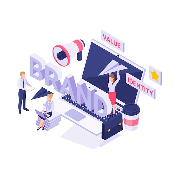 Isometric with people working on new brand strategy 3d illustration Free Vector