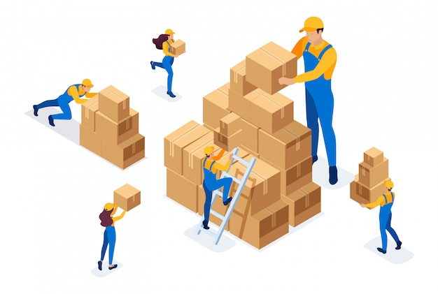 Isometric the work of movers in the warehouse, placing boxes, collecting goods. Premium Vector
