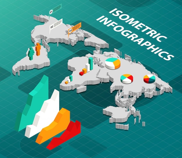 Isometric world map with business infographics design elements Free Vector