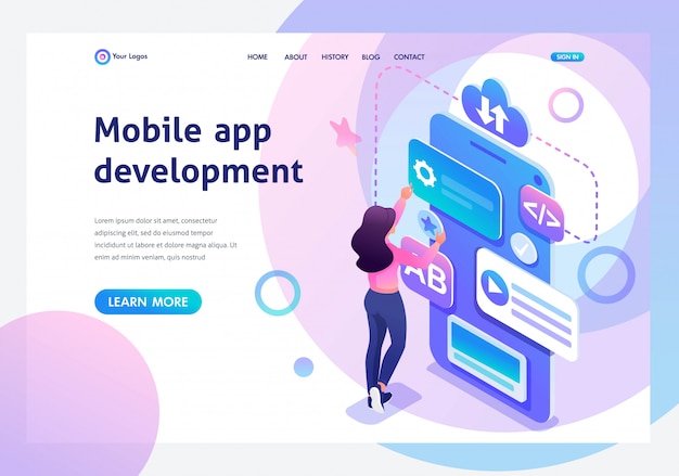 Isometric young girl is engaged in the creation of a mobile application Premium Vector