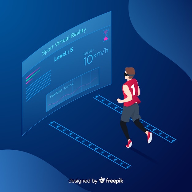 Isometric young person running using technological devices background Free Vector