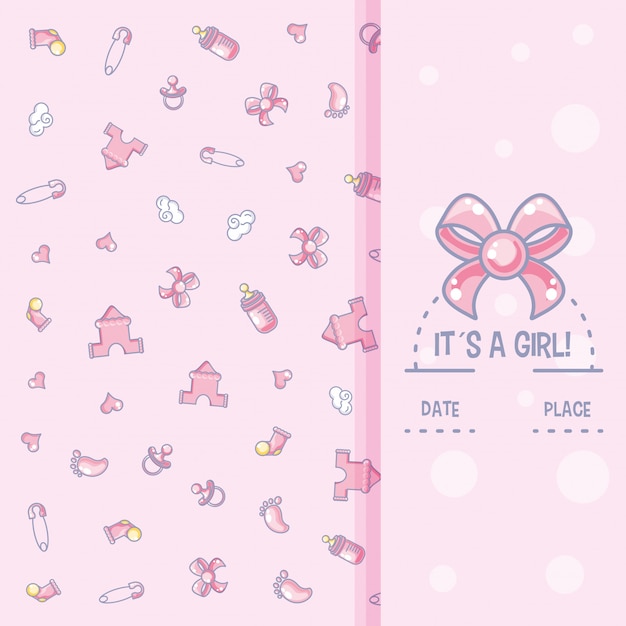 It is a girl baby shower card with pattern of objects for girl Premium Vector