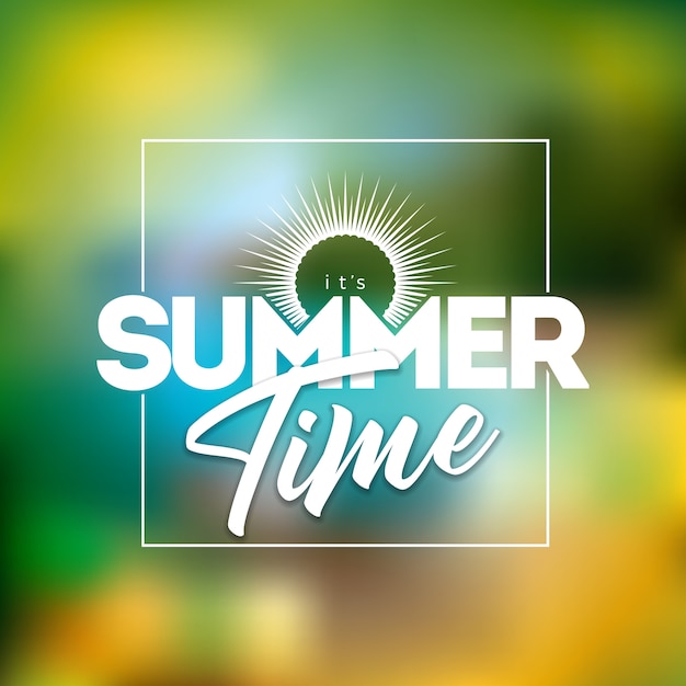 It's summer time illustration with typography letter on blurred beach background Premium Vector