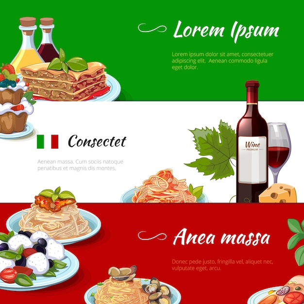イタリア料理横バナーセット 料理とパスタ イタリア 栄養チーズマカロニ 料理の伝統文化 ベクトルイラスト 無料のベクター
