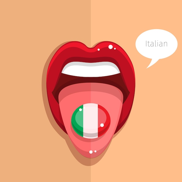イタリア語の概念 イタリア語の舌はイタリア国旗 女性の顔で口を開けます フラットなデザインのイラスト プレミアムベクター
