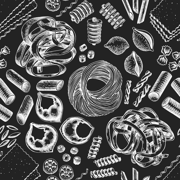 イタリアのパスタのシームレスなパターン チョークボードに描かれたベクター食品イラストを手します 刻まれたスタイルレトロパスタ プレミアムベクター
