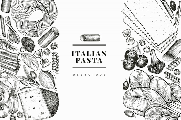 追加デザインテンプレートとイタリアのパスタ 手描きの食べ物イラスト 刻まれたスタイル ビンテージパスタのさまざまな種類の背景 プレミアムベクター